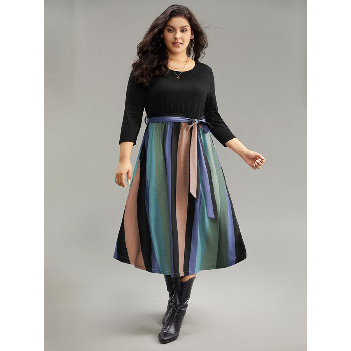 Plus Size Striped Contrast Patchwork Belted Dress Navy Women Casual Belted Round Neck Elbow-length sleeve Curvy Midi Dress BloomChic 22-24/3X Product Image