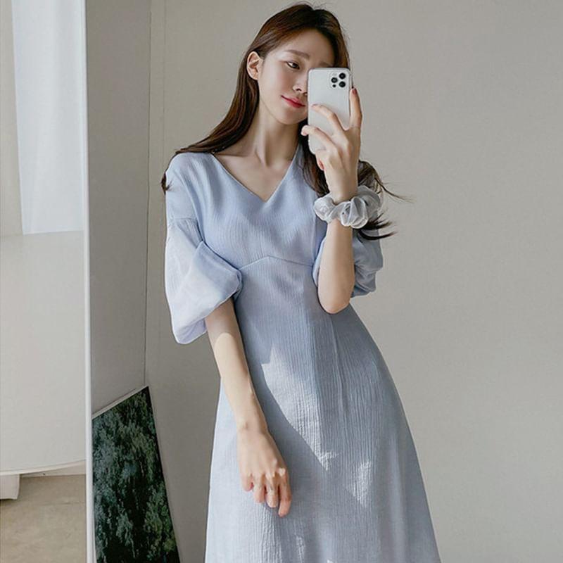 Puff-Sleeve V-Neck Plain Shirred Midi A-Line Dress Product Image