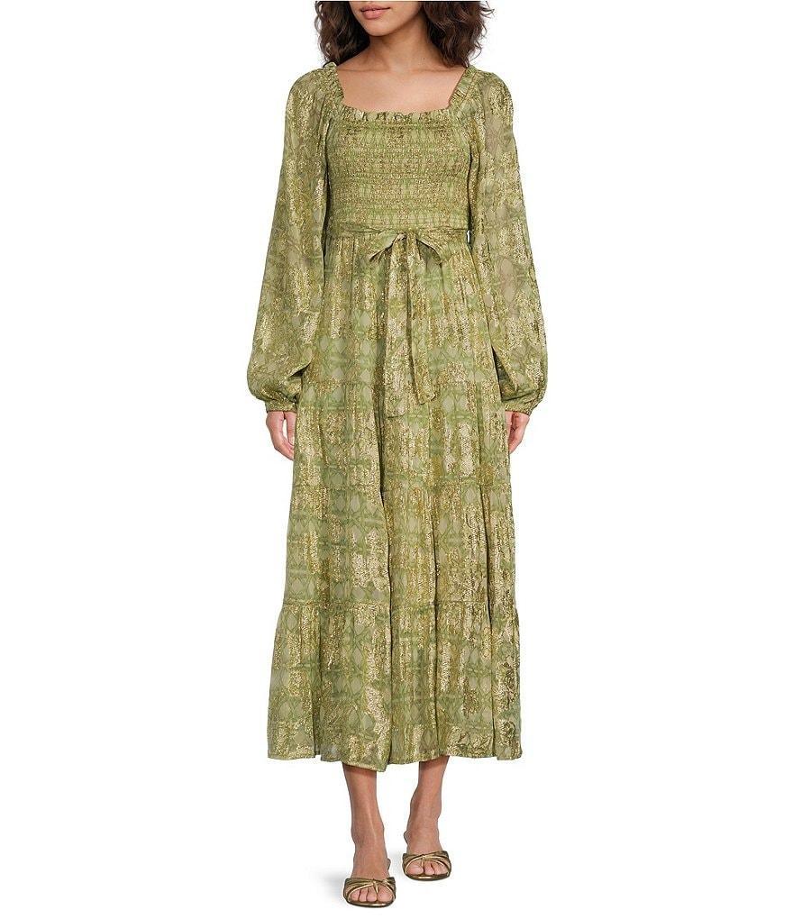 A Loves A Lurex Metallic Trellis Printed Sqaure Neck Long Balloon Sleeve Smocked Bodice A-Line Flounce Midi Dress Product Image