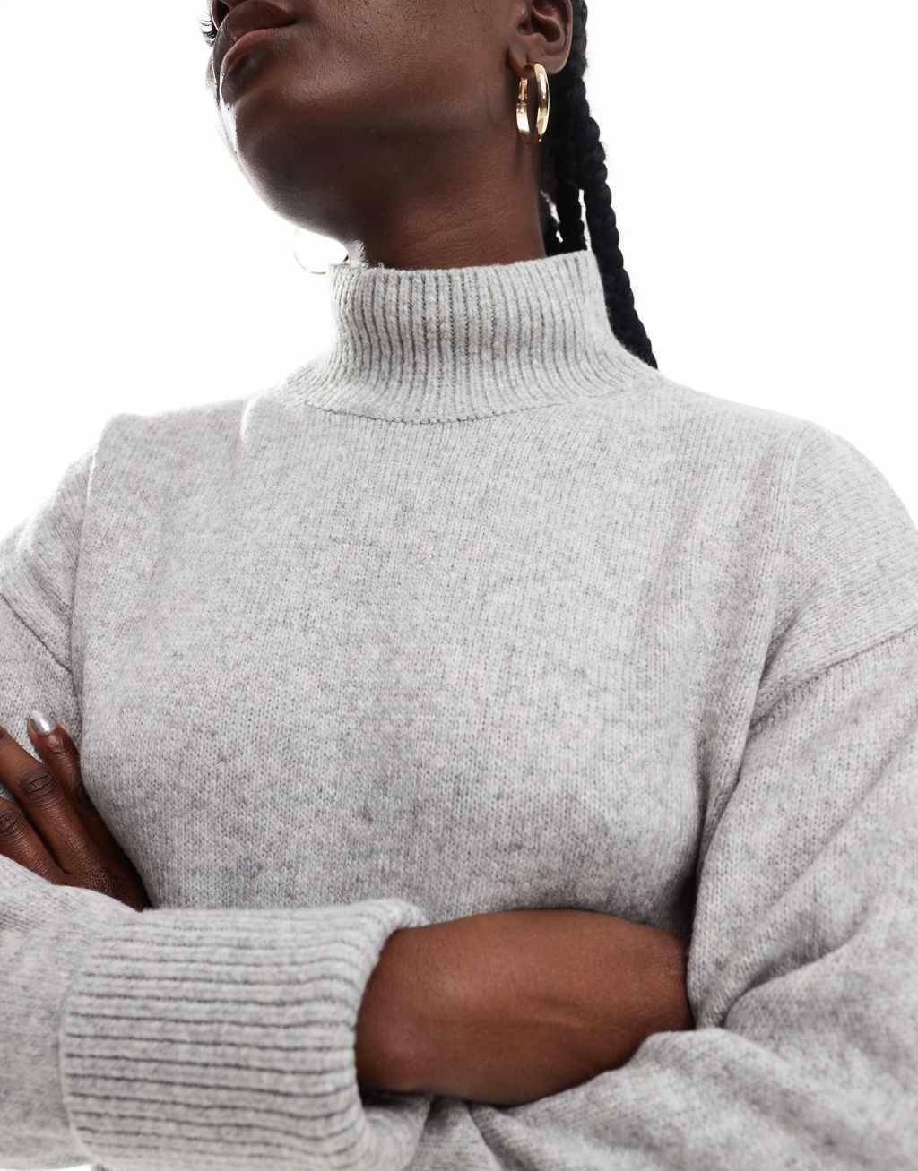 ASOS DESIGN knitted high neck sweater with turn back cuffs in mid gray Product Image
