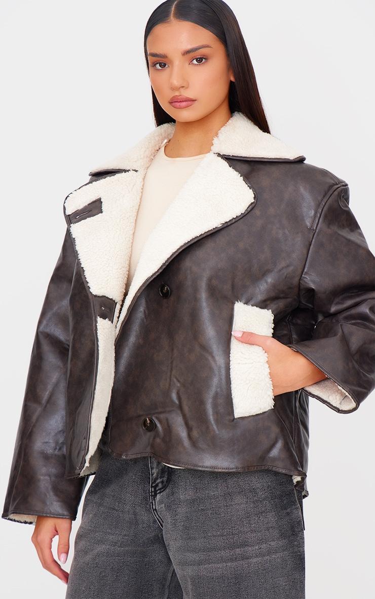 Washed Brown Distressed Faux Leather Borg Contrast Aviator Jacket Product Image