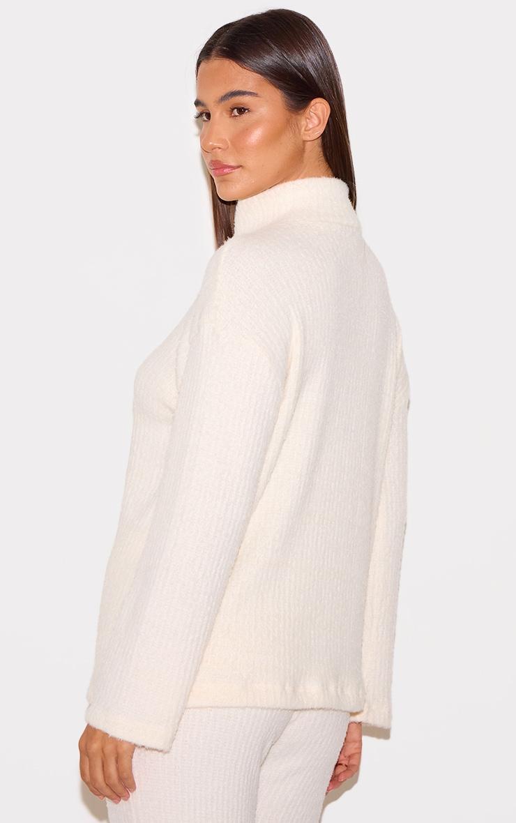 Cream Textured Soft Rib Half Zip High Neck Oversized Long Top Product Image