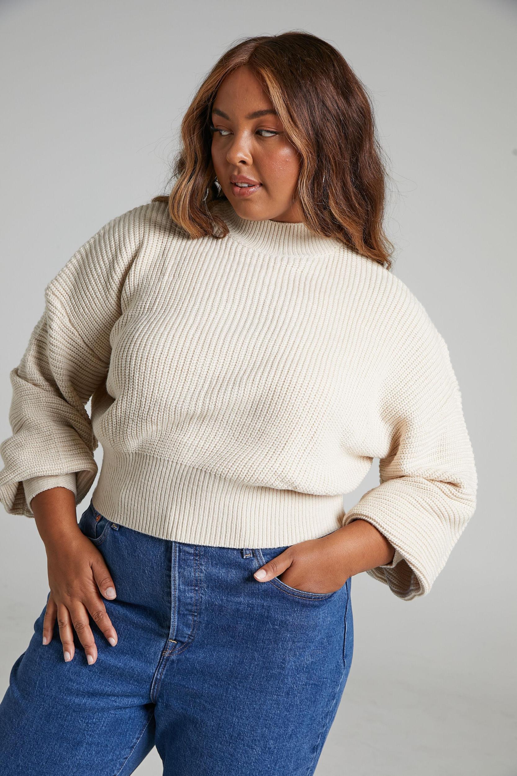 Valerie Jumper - High Neck Balloon Sleeve Knit Jumper in Cream Product Image
