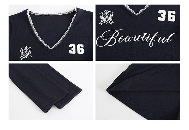 Long Sleeve V-Neck Numbering Lettering Print T-Shirt / Elastic Waist Plain Ruffle Lace Mini Skirt Product Image