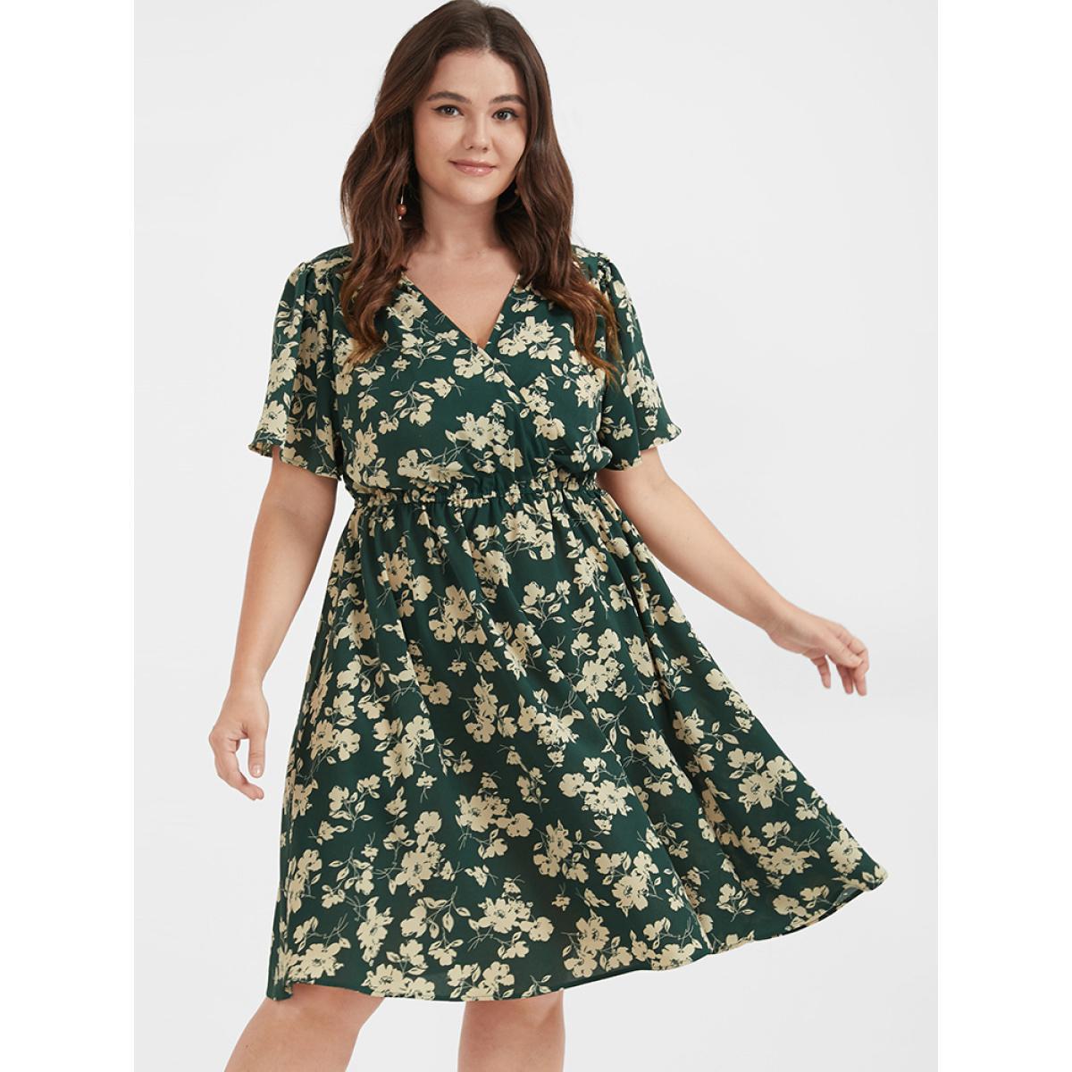 Plus Size Floral Belted Button Ruffled Wrap Knee Dress Green Women Elegant Printed V-neck Short sleeve Curvy Knee Dress BloomChic 26/4X Product Image
