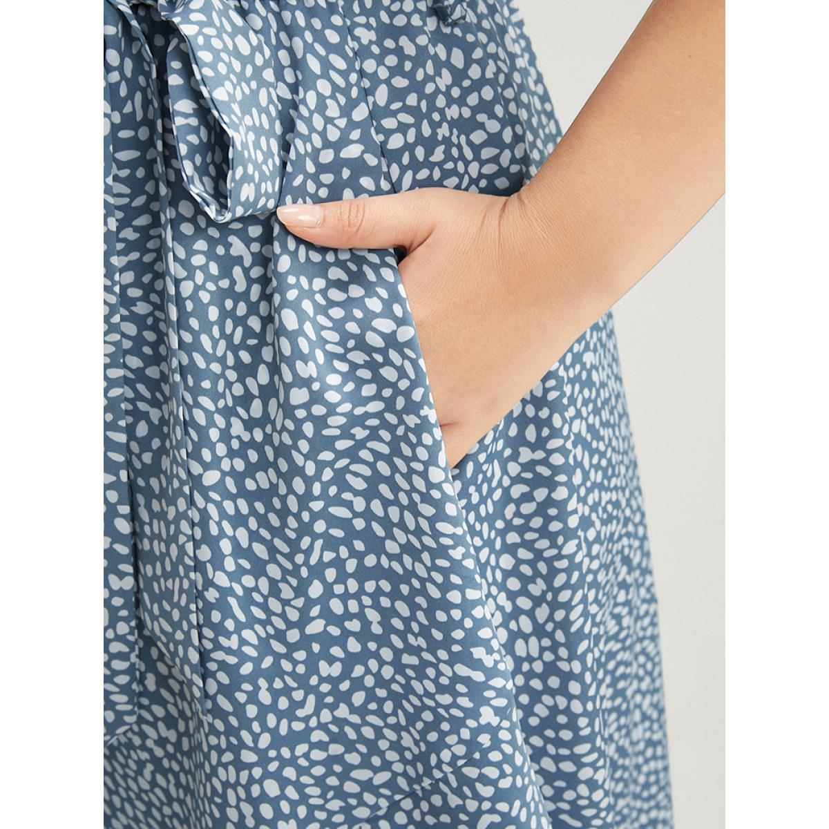 Plus Size Polka Dot Split Sleeve Ruffle Pocket Belted Asymmetrical Hem Dress LightBlue Women Elegant Cross straps V-neck Short sleeve Curvy Midi Dress BloomChic 14-16/1X Product Image