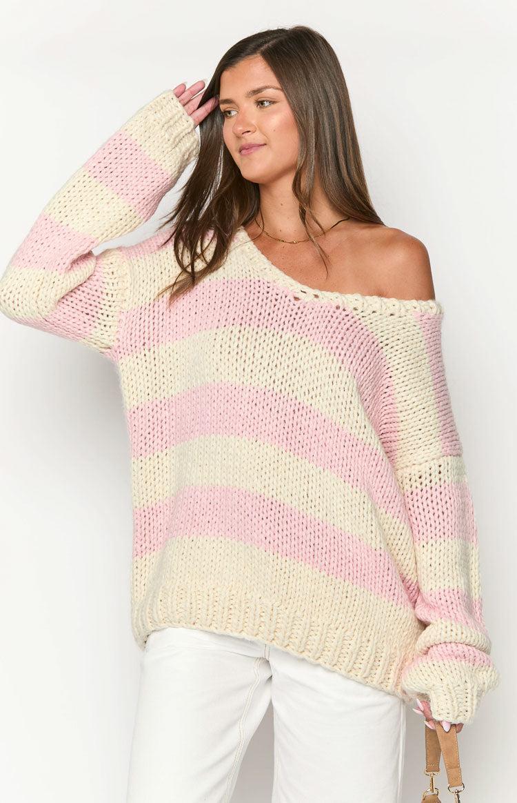 Delvey Pink Striped Chunky Knit Sweater Product Image