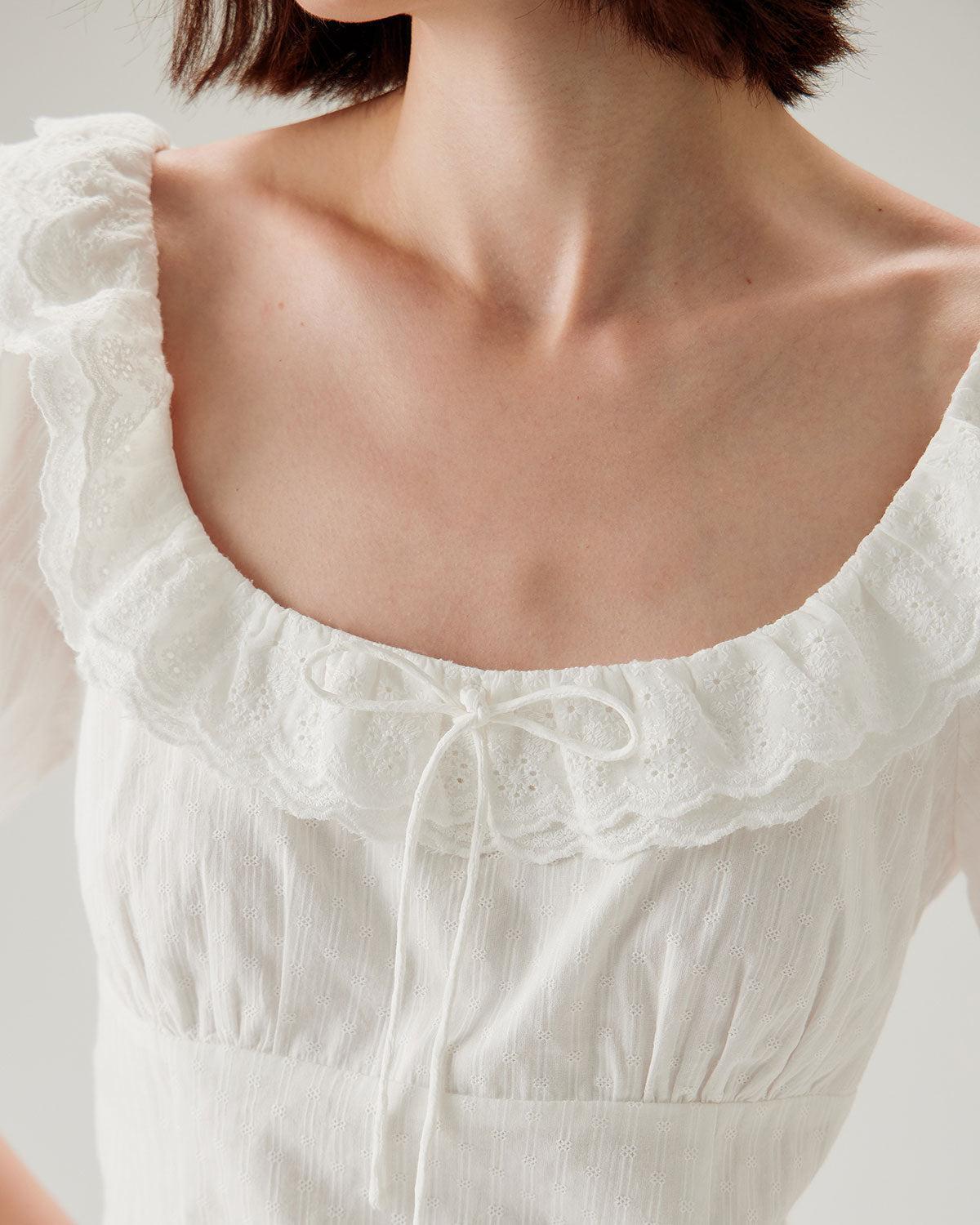 White Textured Scoop Neck Ruffle Blouse Product Image