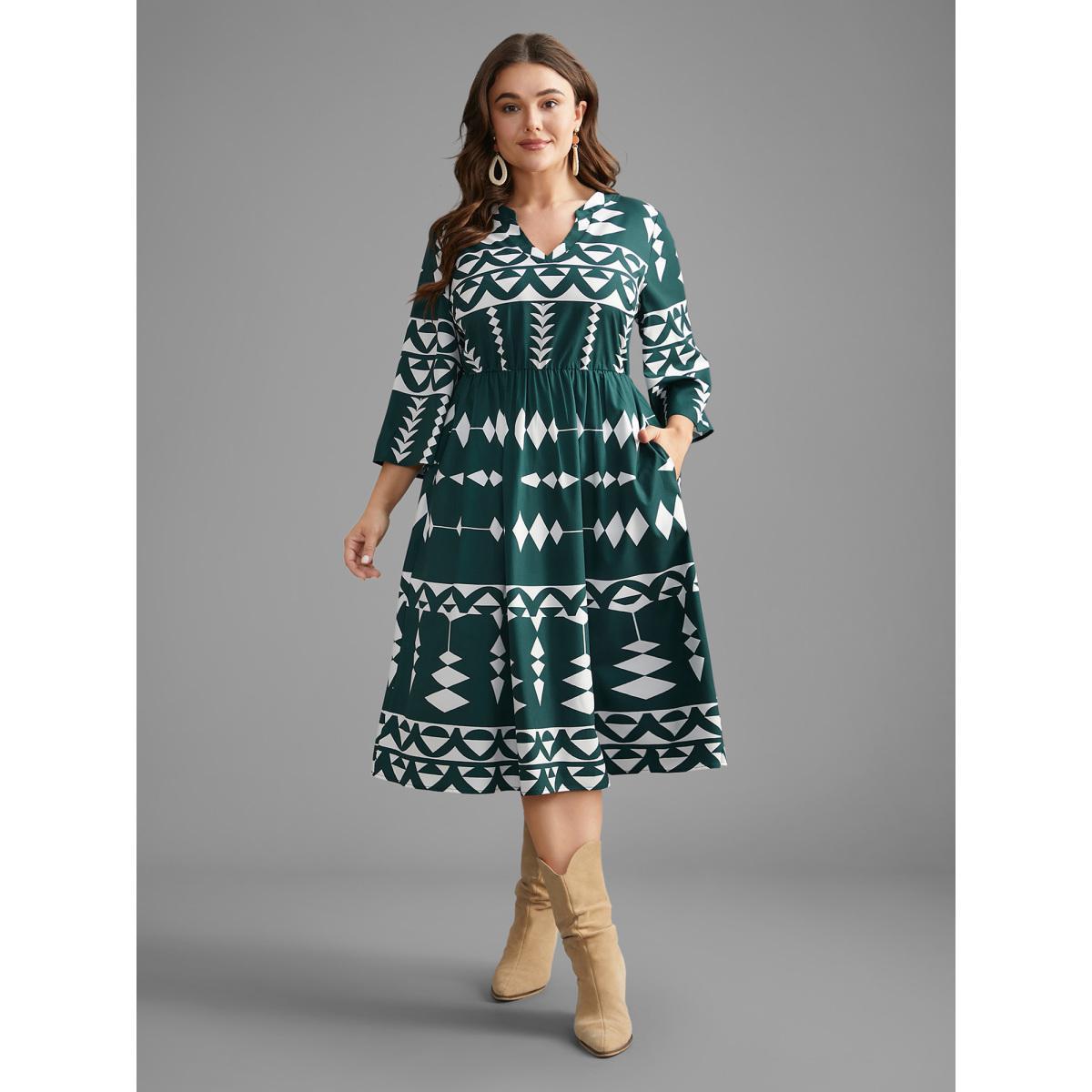 Plus Size Geometric Pattern Elastic Waist Midi Dress Cyan Women Resort Non Flat collar with V-notch Elbow-length sleeve Curvy BloomChic 18-20/2X Product Image