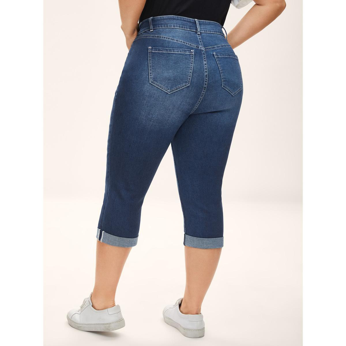 Plus Size Whiskered Wash Crop Skinny-Fit Jeans Women Midblue Medium stretch Slanted pocket Jeans BloomChic 22/3X Product Image