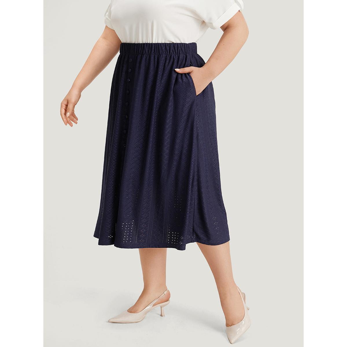 Plus Size Plain Elastic Waist Split Front Cropped Skirt Women Indigo Office Texture Low stretch Pocket Work Skirts BloomChic 14-16/1X Product Image