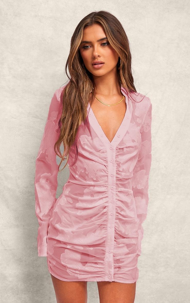 Pale Pink Satin Floral Shirt Mini Dress Product Image