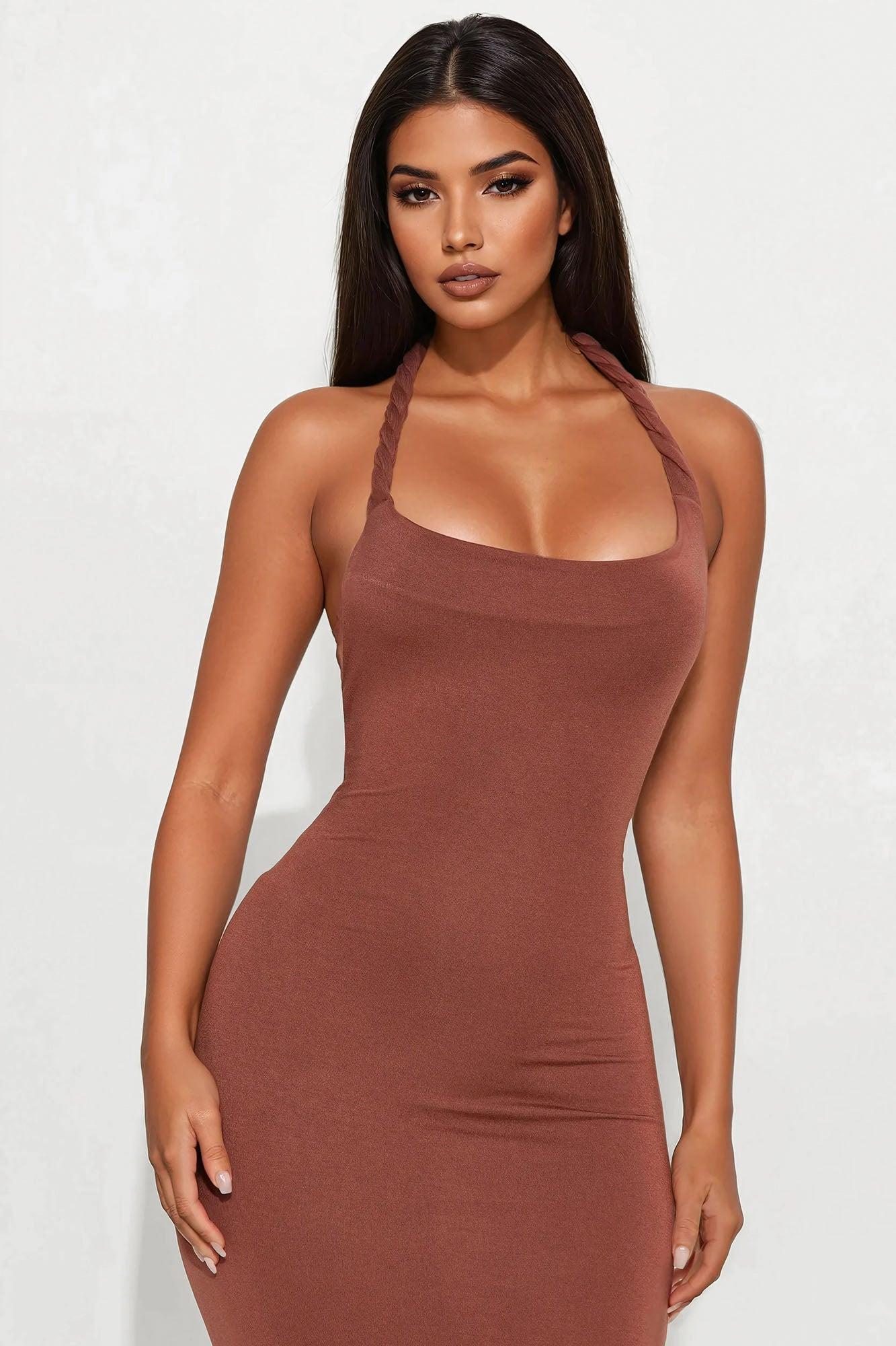 Nathalie Double Lined Backless Maxi Dress - Brown Product Image