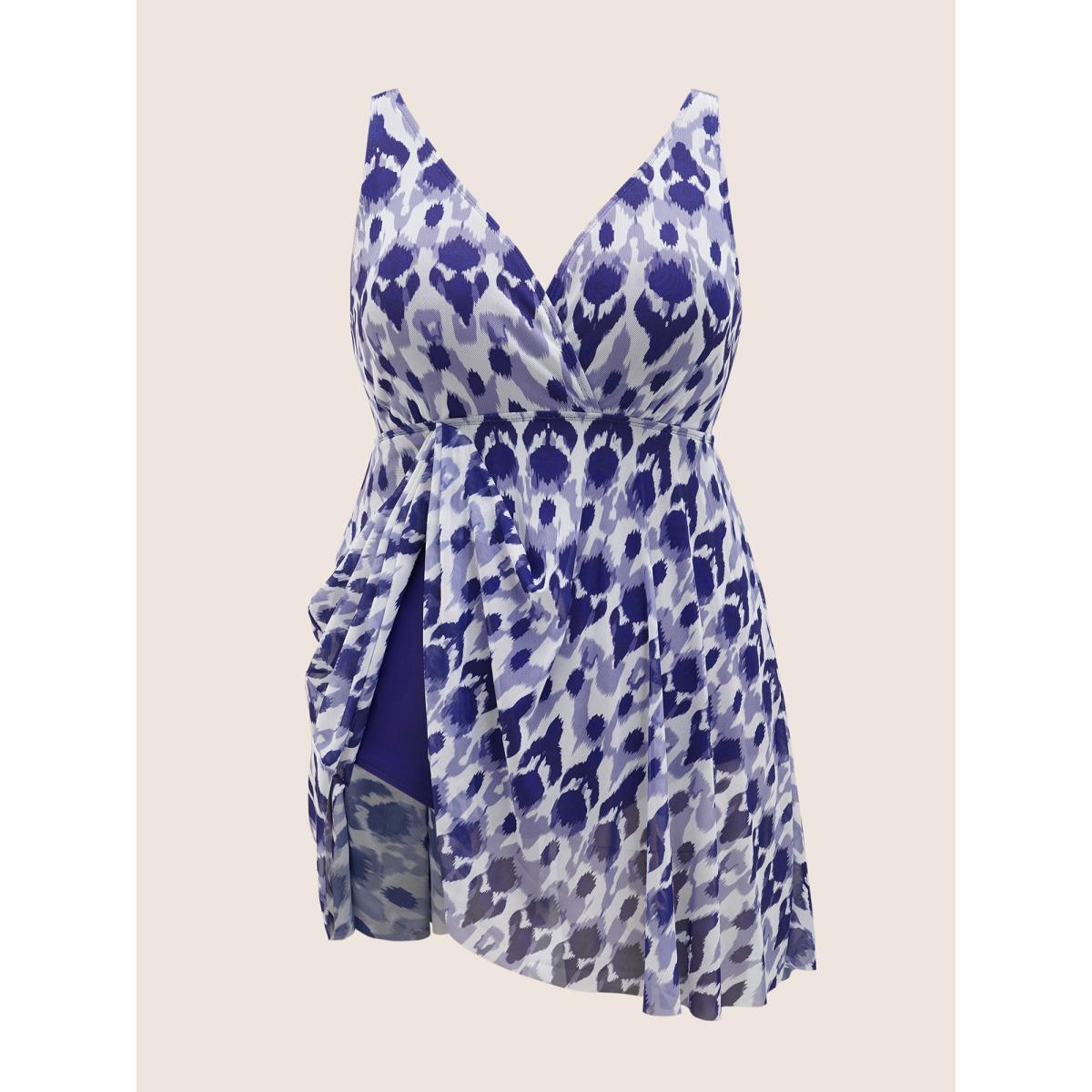 Plus Size Boho Print Overlap Collar Mesh Swim Dress Women's Swimwear Navy Beach Bodycon Overlap Collar High stretch Curve Swim Dresses BloomChic 22-24/3X Product Image