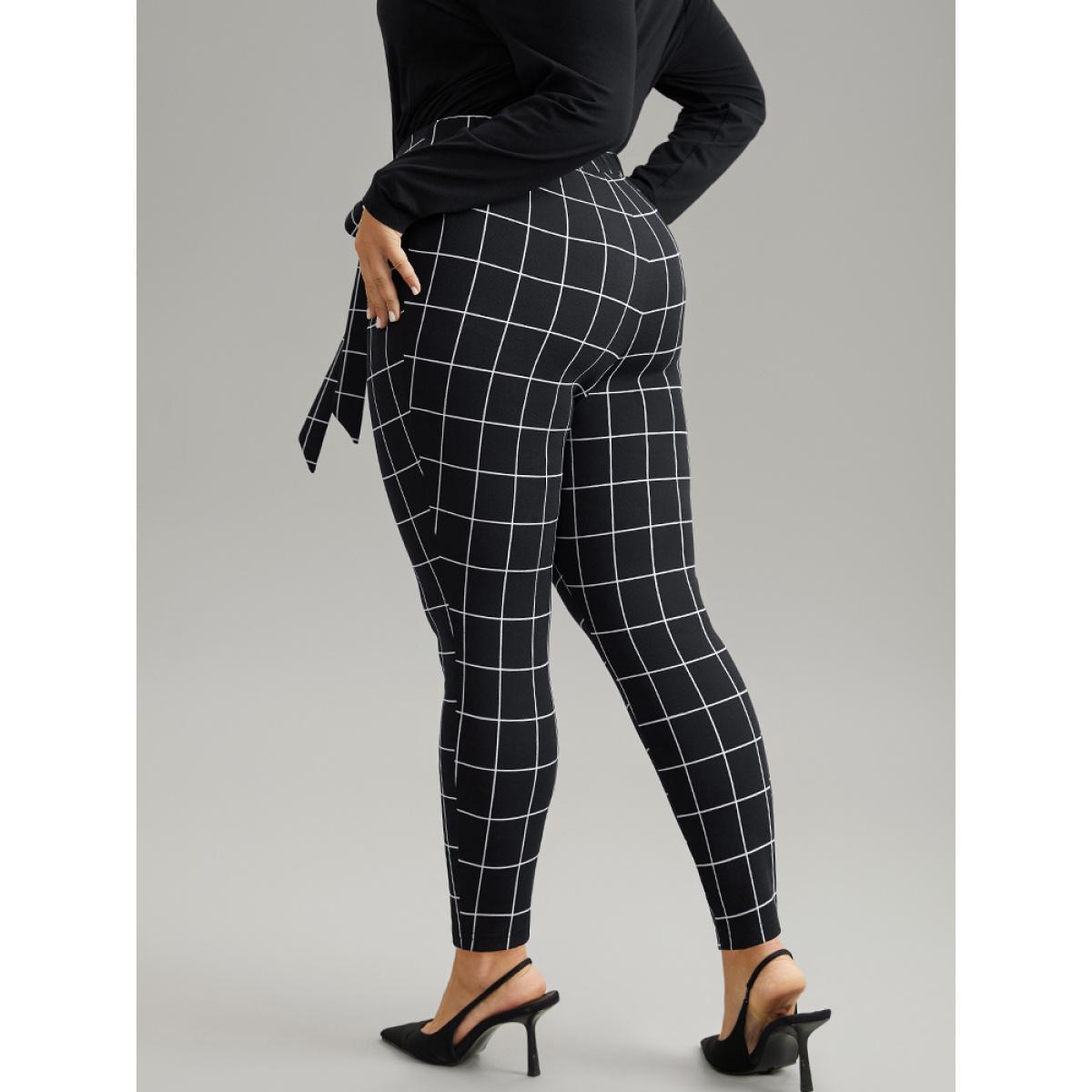 Plus Size Plaid Elastic Waist Ties Bodycon Pants Women Black Elegant Bodycon High Rise Dailywear Pants BloomChic 26/4X Product Image