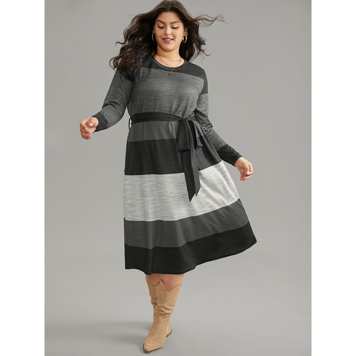 Plus Size Colorblock Contrast Heather Belted Dress Gray Women Casual Non Round Neck Long Sleeve Curvy Midi Dress BloomChic 30/6X Product Image