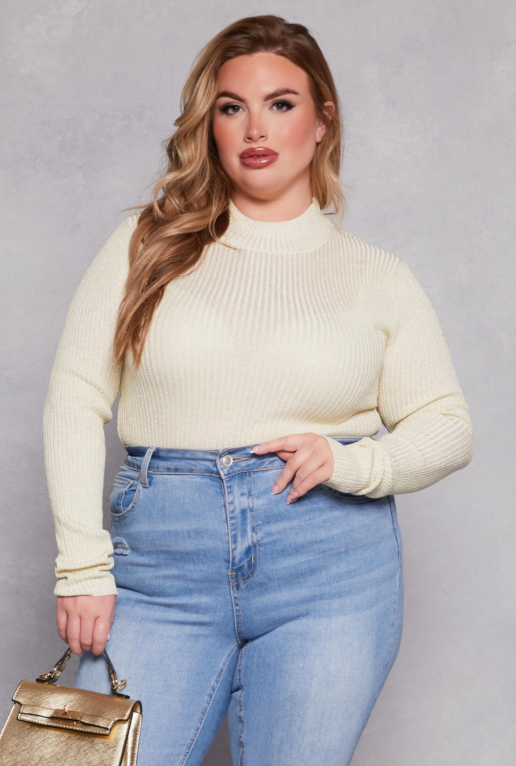 Womens Plus Size Lurex Ribbed Mock Neck Sweater Product Image