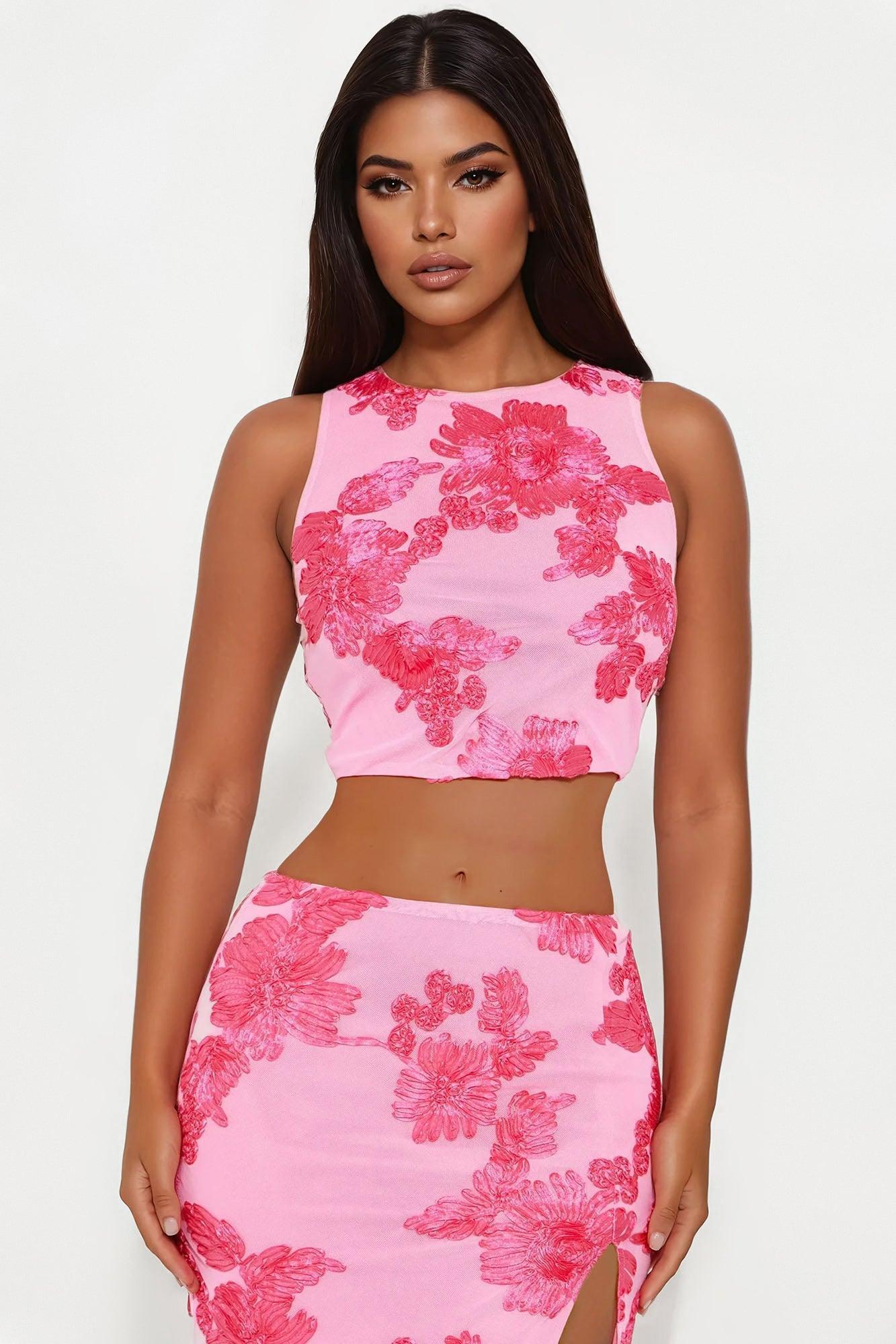 Cherry Blossom Chic Mesh Maxi Skirt Set - Pink Product Image