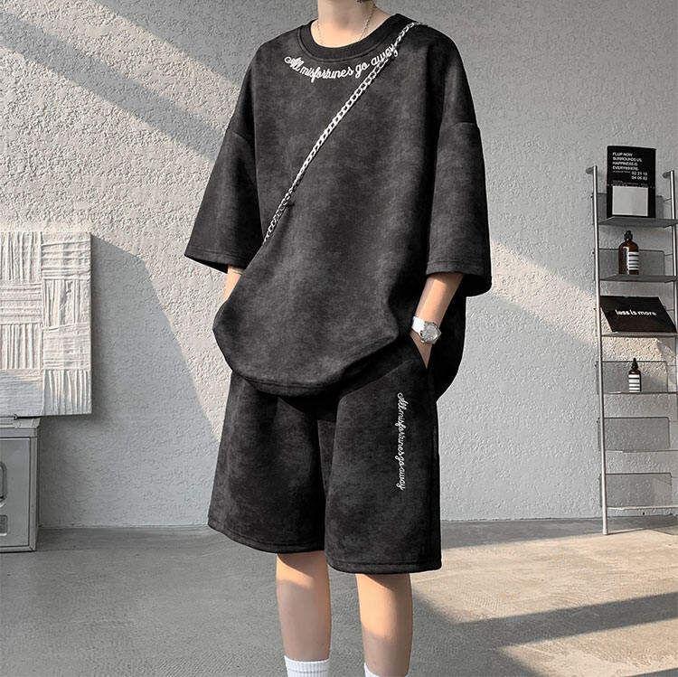 Set: Short Sleeve Round Neck Lettering Embroidered Tie Dye T-Shirt + Elastic Waist Sweat Shorts Product Image