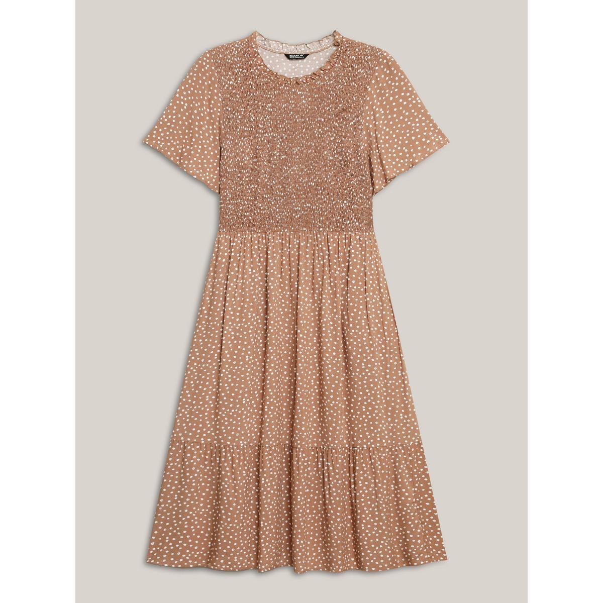 Plus Size Shirred Polka Dots Pockets Midi Dress Tan Women Round Neck Short sleeve Curvy BloomChic 12/L Product Image