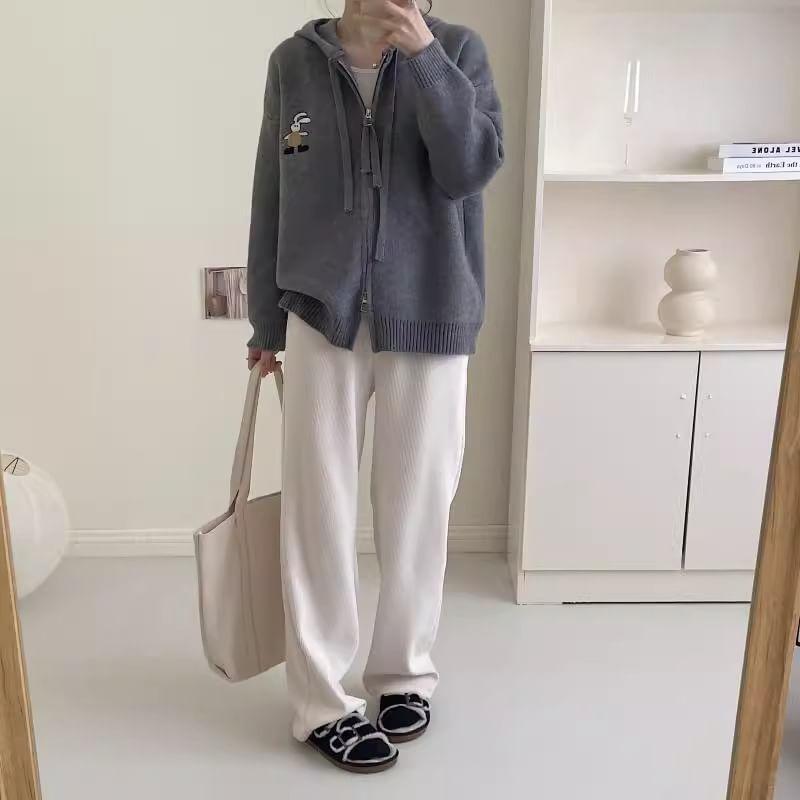 Hooded Rabbit Embroidered Zip Up Knit Cardigan Product Image