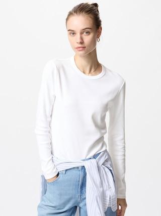 Womens Soft Ribbed T-Shirt Long Sleeve White Large UNIQLO US Product Image