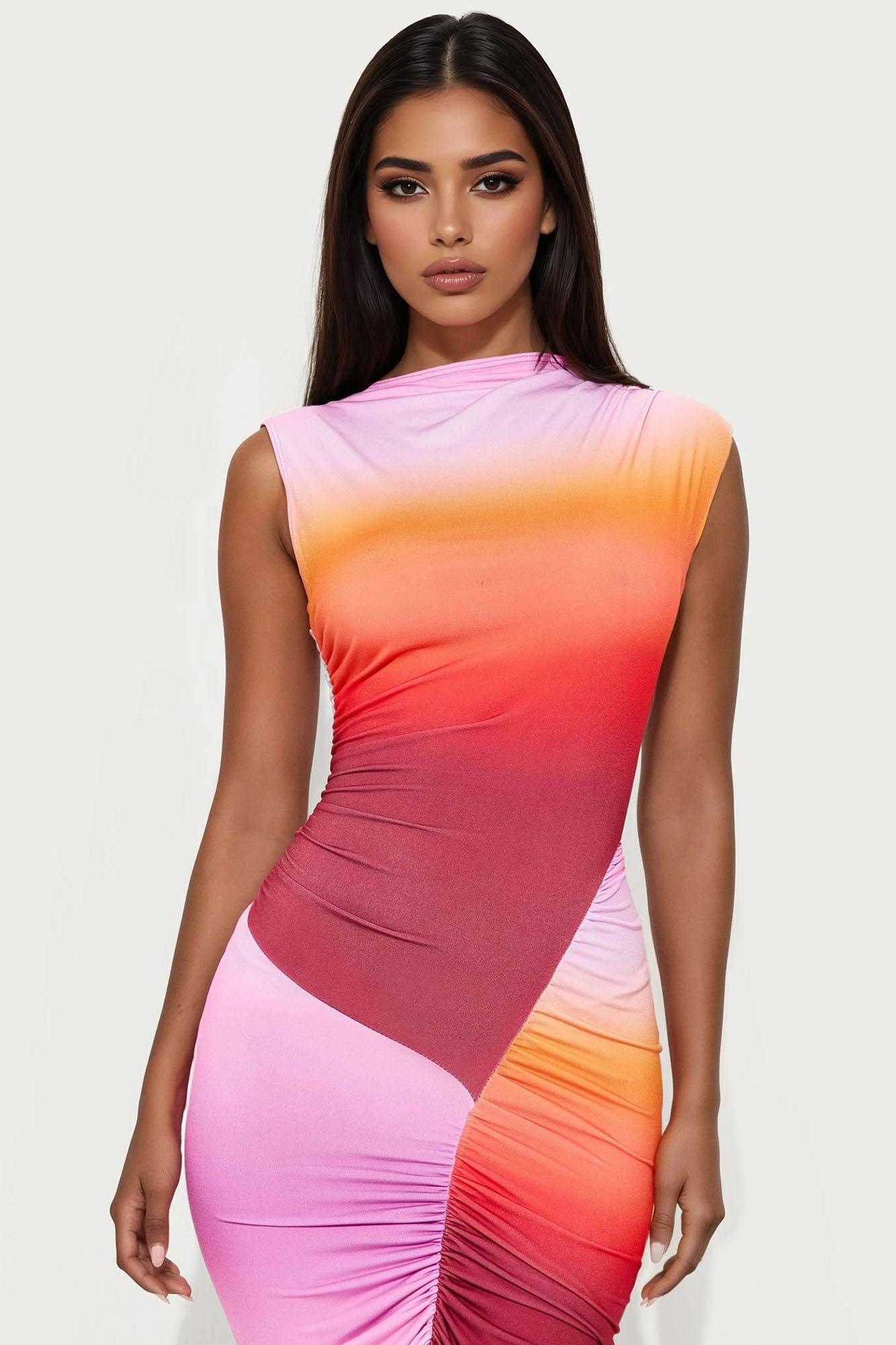 Candy Skies Ombre Asymmetrical Maxi Dress - Orange/combo Product Image