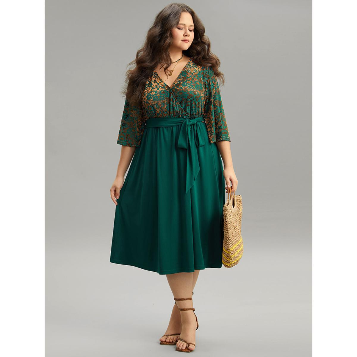 Plus Size Silhouette Floral Print Belted Patchwork Velvet Dress Emerald Women Vacation Wrap Overlap Collar Elbow-length sleeve Curvy Midi Dress BloomChic 10/M Product Image