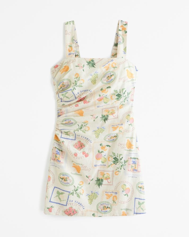 Linen-Blend Ruched Squareneck Mini Dress Product Image
