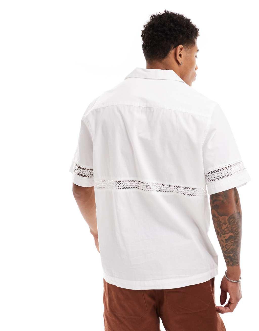 ASOS DESIGN relaxed camp collar shirt in poplin with crochet inserts in white Product Image
