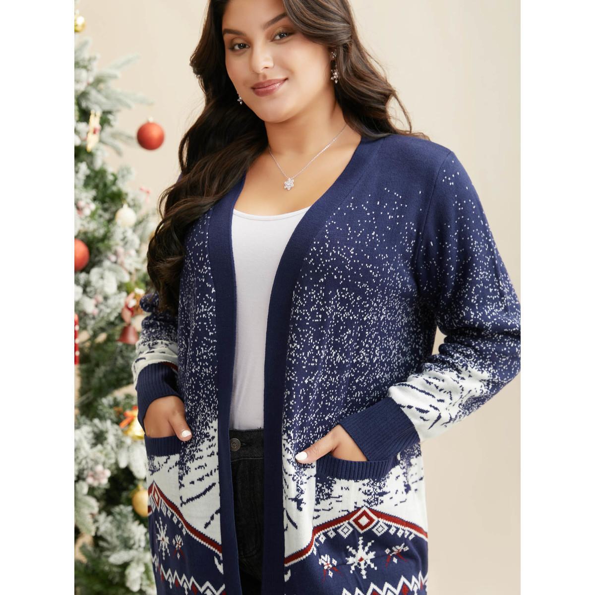Plus Size Snowy Trees Print V-neck Open Cardigan Indigo Women Casual Loose Long Sleeve Everyday Cardigans BloomChic 26/4X Product Image