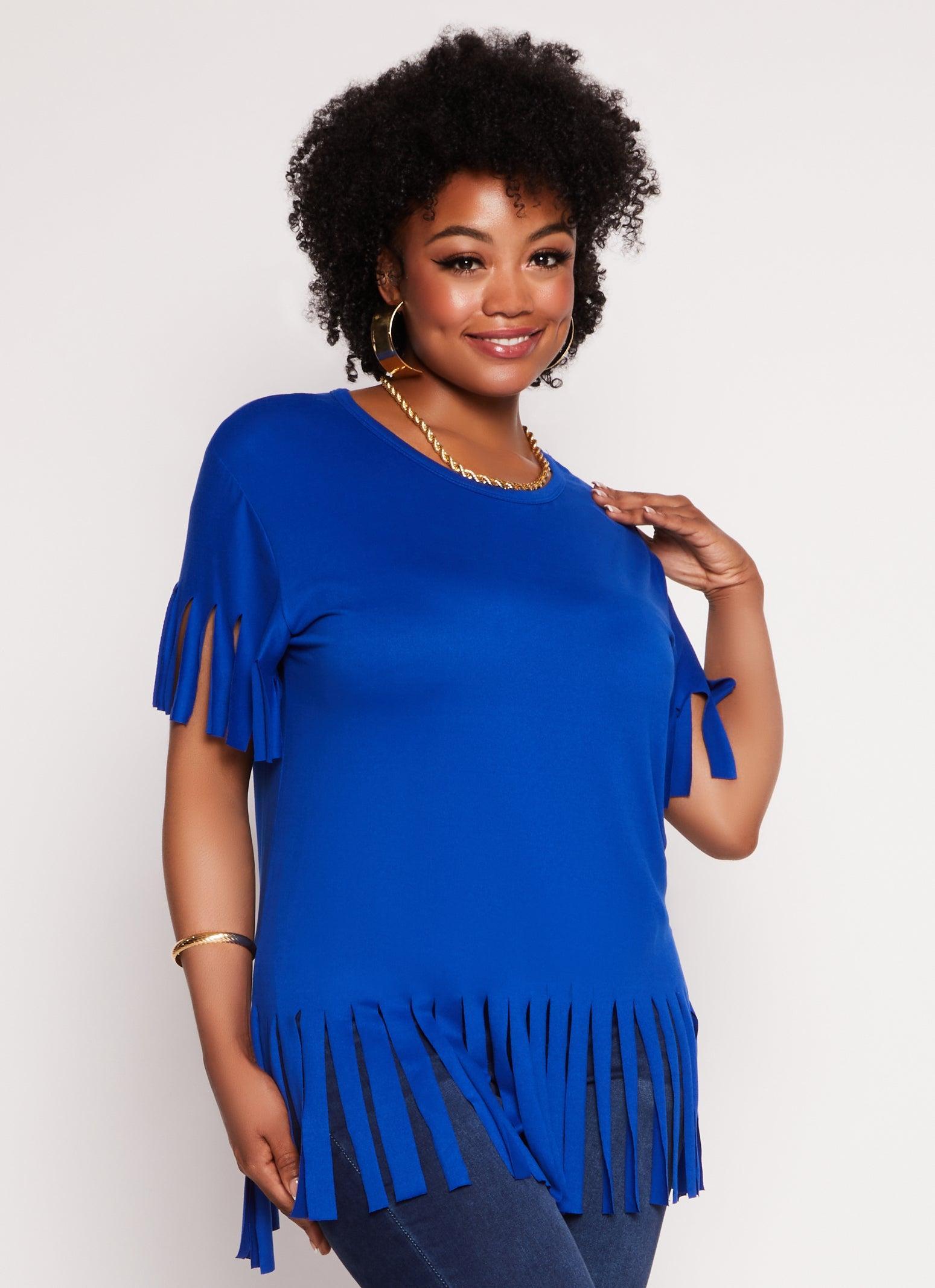 Womens Plus Size Short Sleeve Fringe Hem T Shirt Product Image