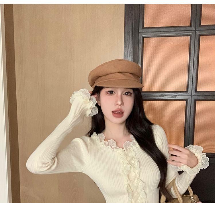 Long Sleeve Round Neck Plain Ruffle Lace Trim Ribbed Knit Top Product Image