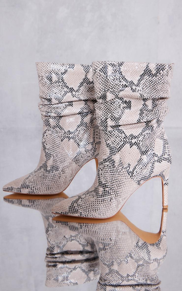 Snake Print PU Point Toe Ruched High Heeled Ankle Boots Product Image