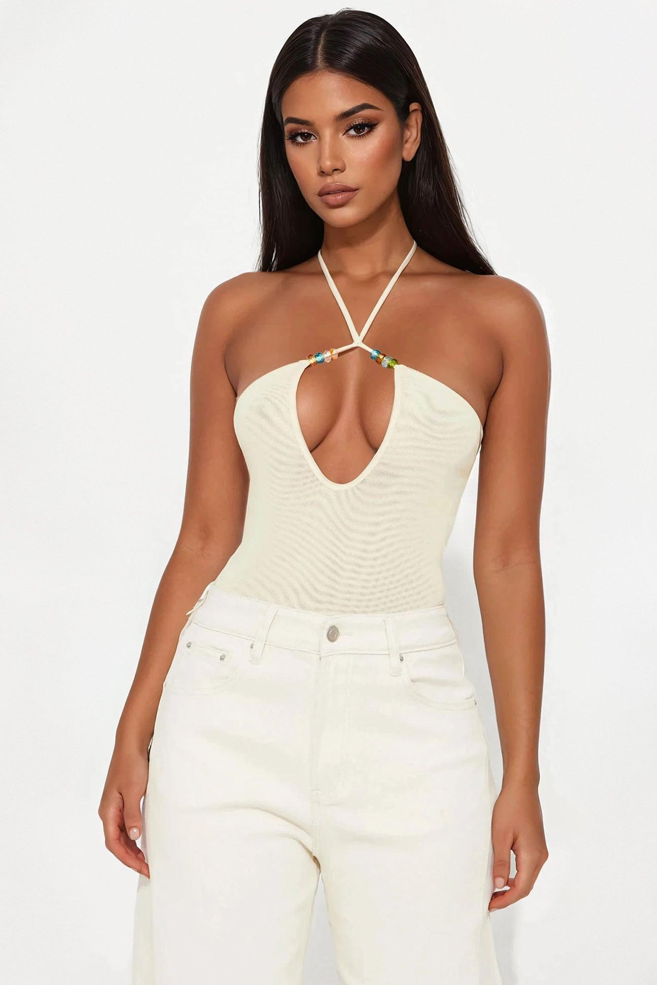 Beach Club Mesh Y-Neck Halter Bodysuit - Yellow Product Image