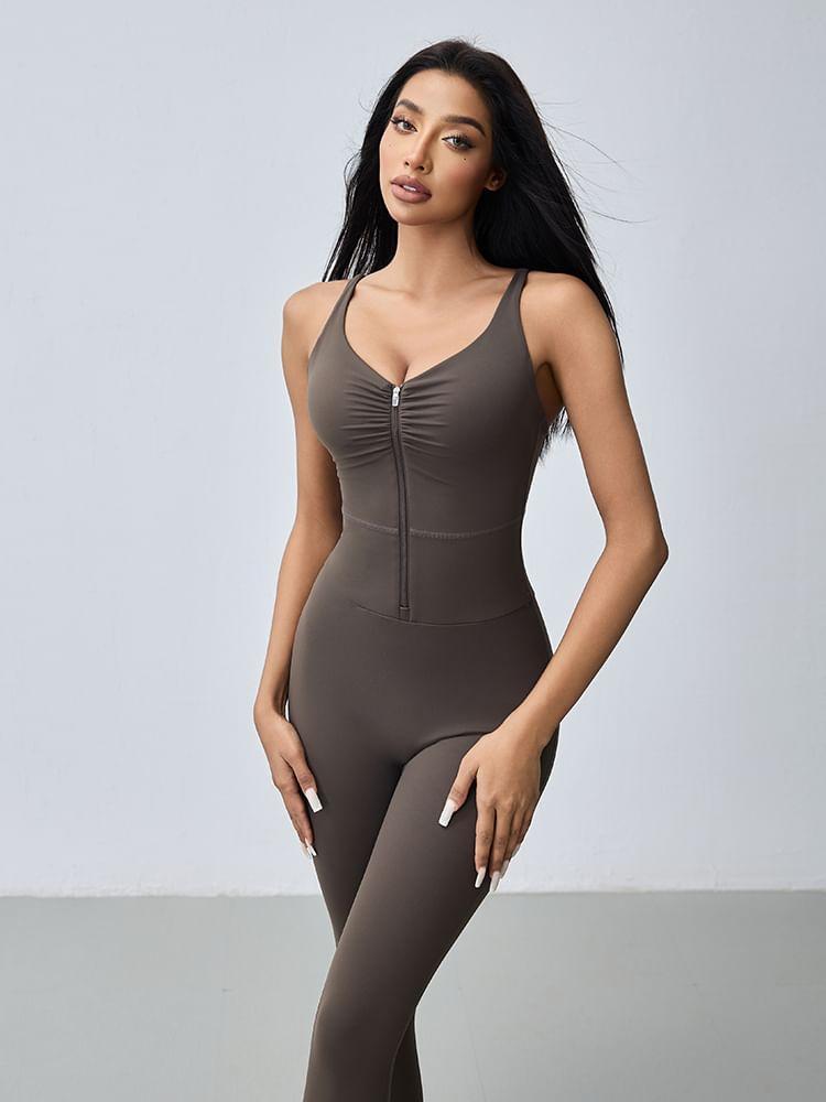 Sleeveless V-Neck Plain Ruched Zip Yoga Jumpsuit Product Image