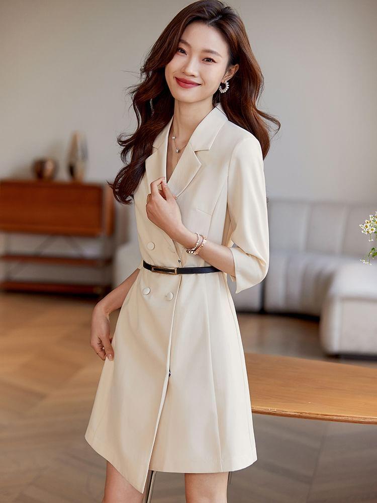 Set: Elbow-Sleeve V-Neck Plain Asymmetrical Mini A-Line Blazer Dress + Faux Leather Belt Product Image