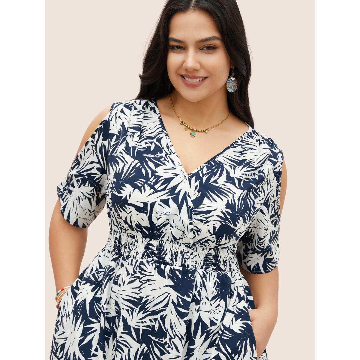 Plus Size Tropical Print Overlap Collar Shirred Cut Out Dress DarkBlue Women Resort Overlapping Overlap Collar Short sleeve Curvy Midi Dress BloomChic 12/L Product Image