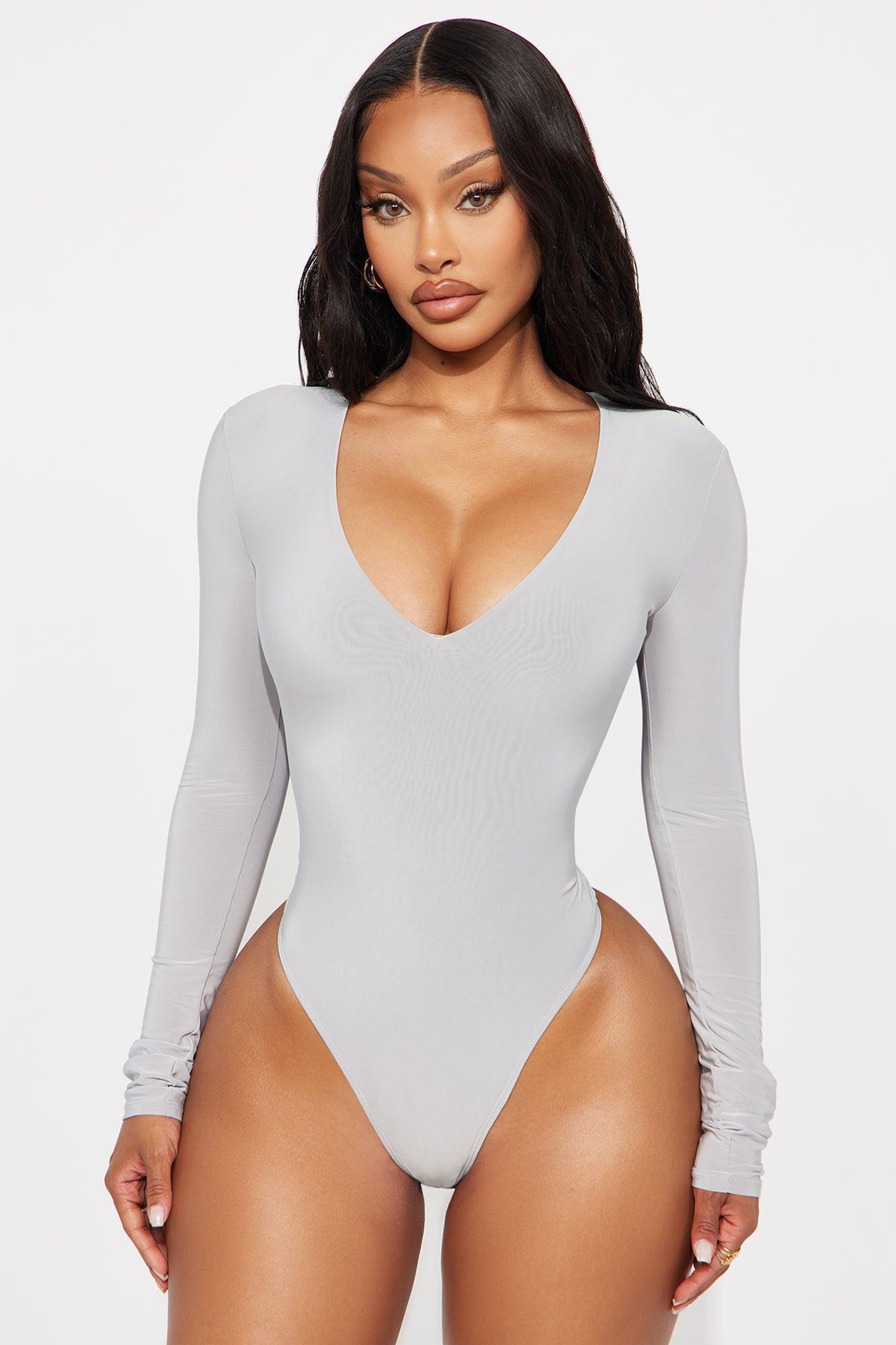 Take The Plunge Lined Long Sleeve Bodysuit - Grey Product Image