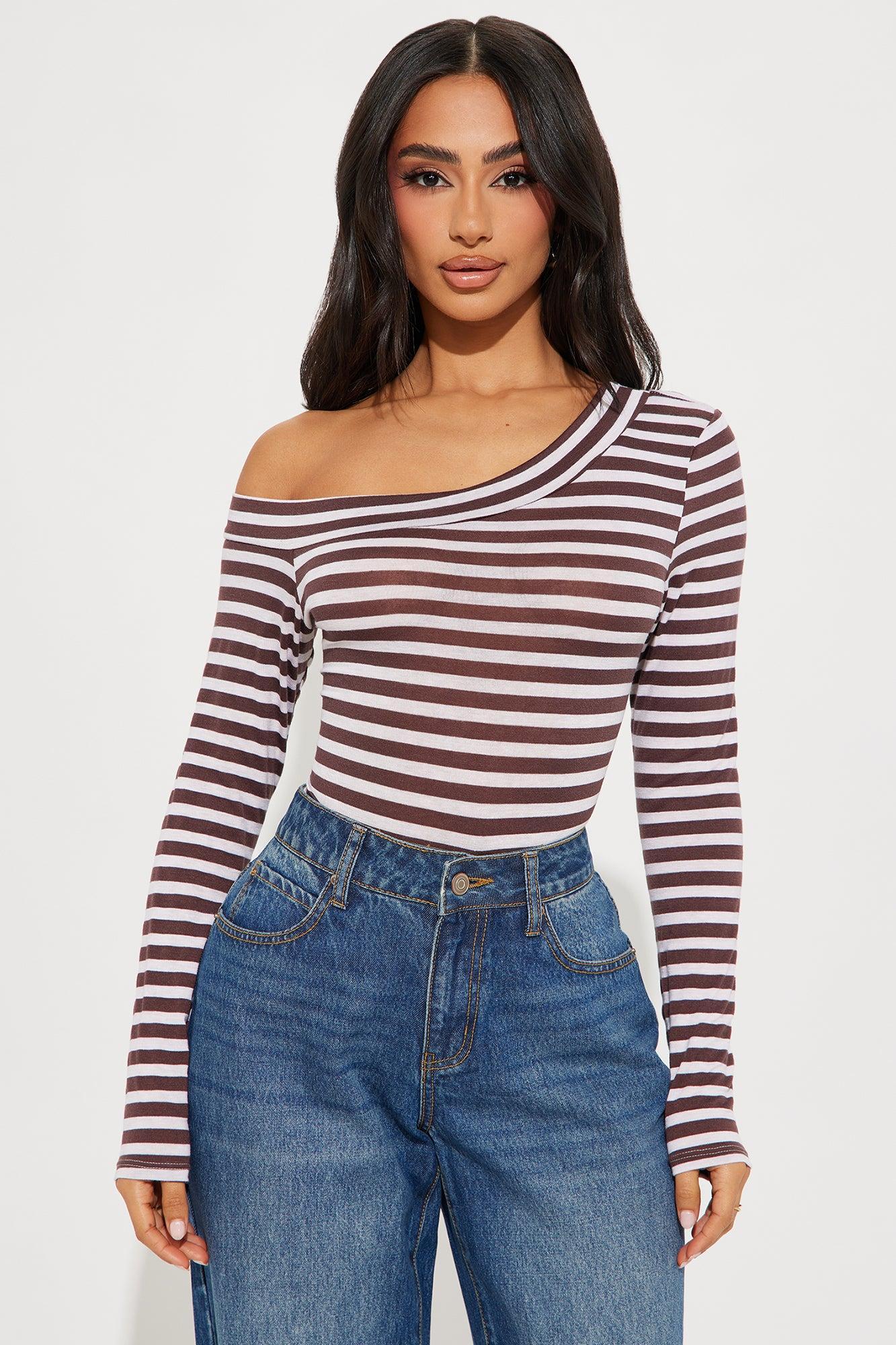 Natural Charm Off Shoulder Long Sleeve Top - Brown/combo Product Image