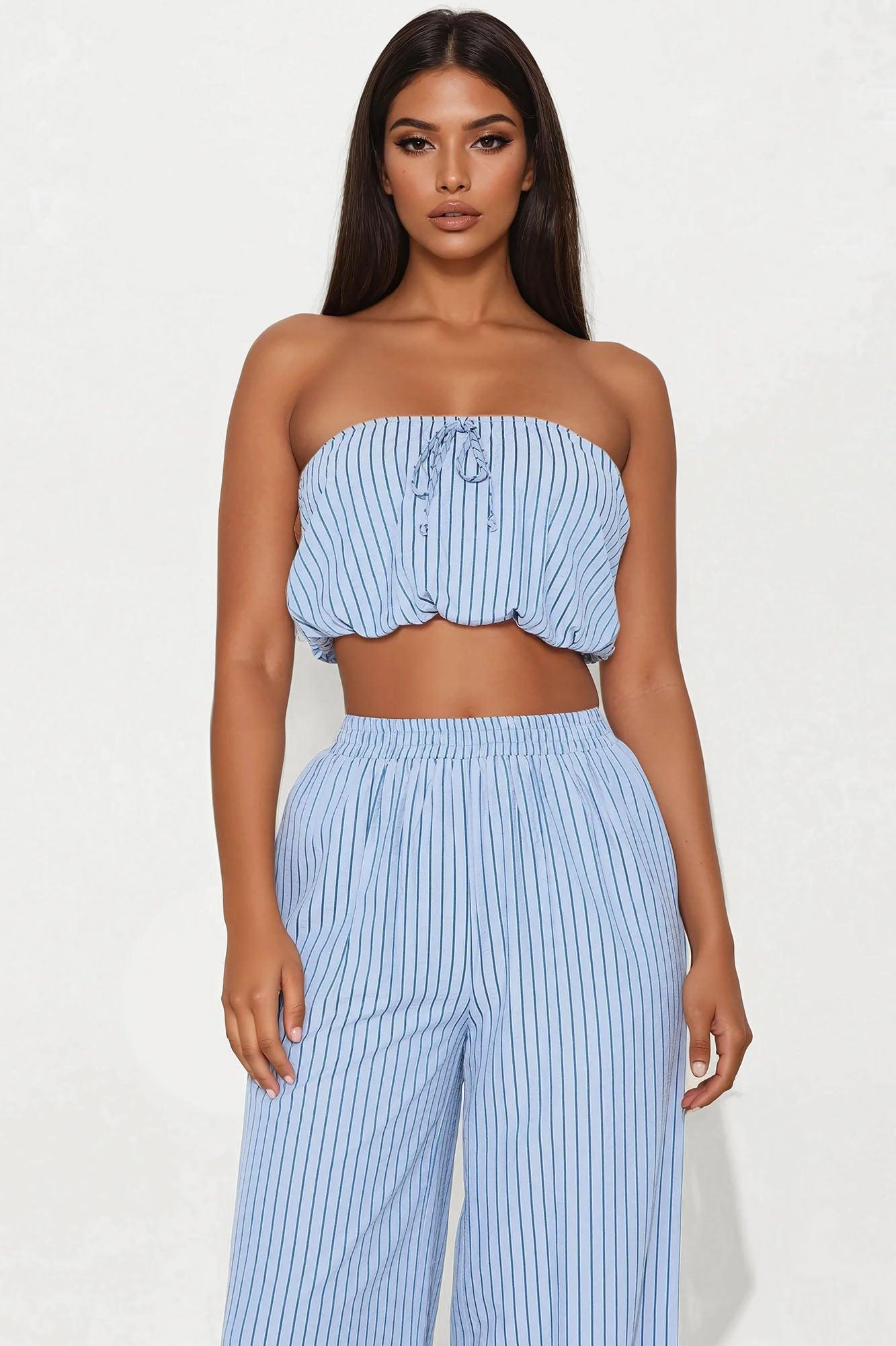 Gracie Pinstripe Pant Set - Light Blue Product Image