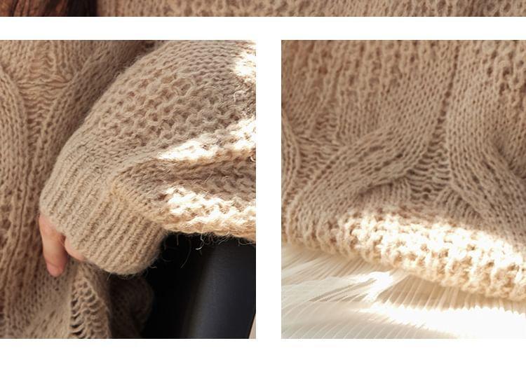 Crew Neck Plain Cable Knit Sweater Product Image