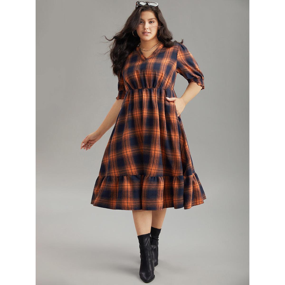 Plus Size Plaid Shirred Ruffles Pocket Dress Orange Women Elegant Printed V-neck Short sleeve Curvy Midi Dress BloomChic 28/5X Product Image