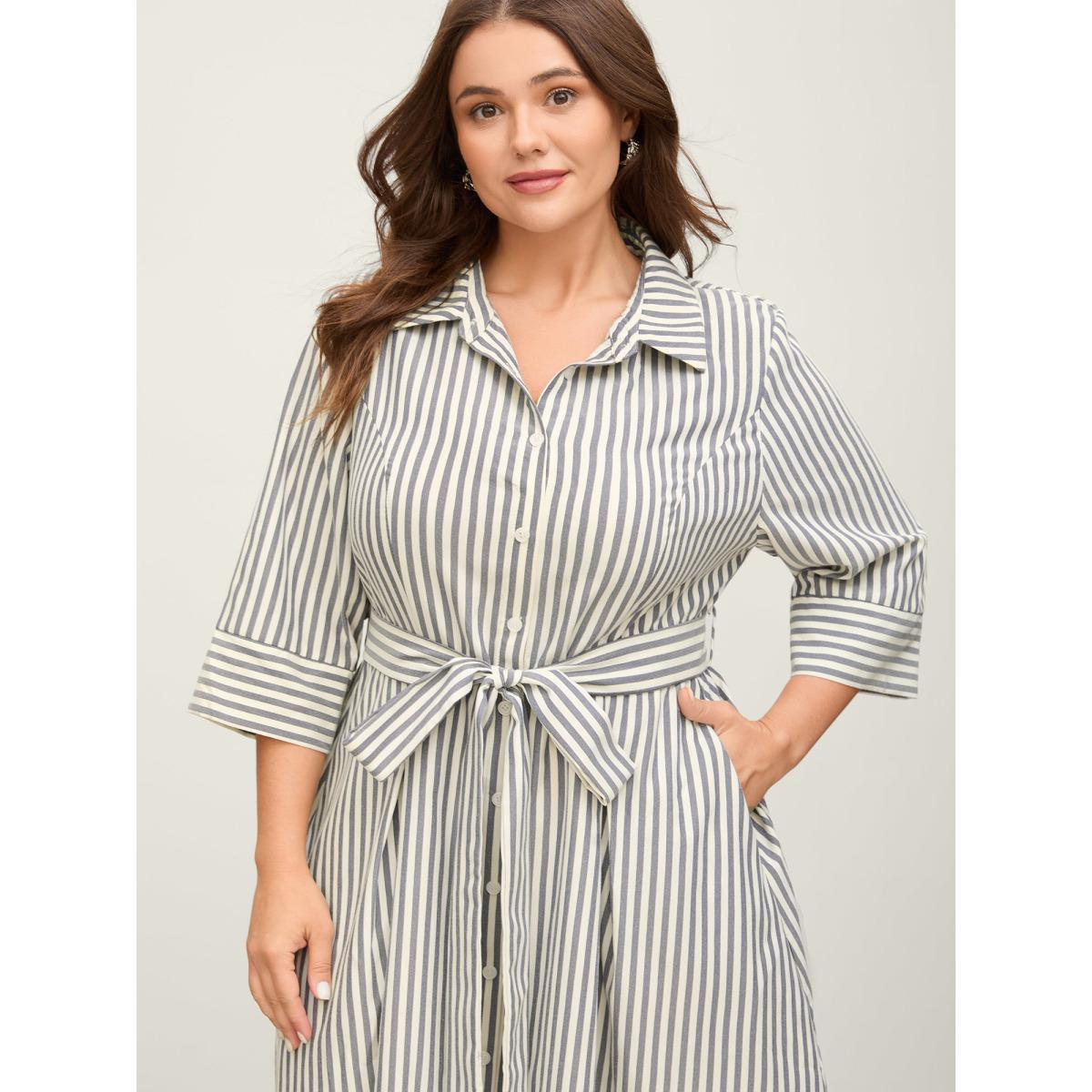Plus Size Striped Waist Belt Midi Shirt Dress Indigo Women Belted Shirt collar Elbow-length sleeve Curvy BloomChic 18-20/2X Product Image