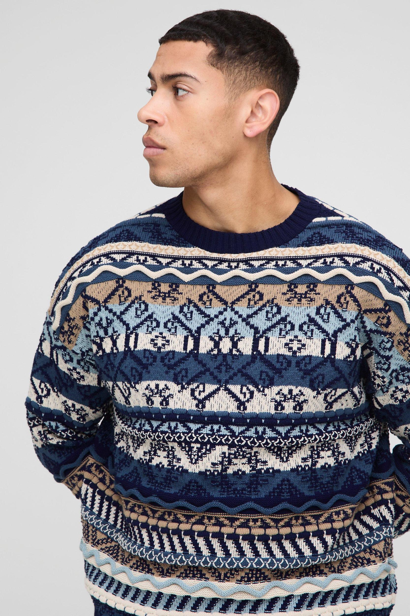 Oversized Vintage Textured Knitted Sweater | boohooMAN USA Product Image