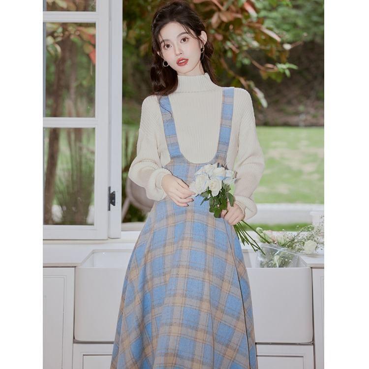 Set: Mock Neck Plain Ribbed Sweater + Plaid Midi A-Line Suspender Skirt Product Image