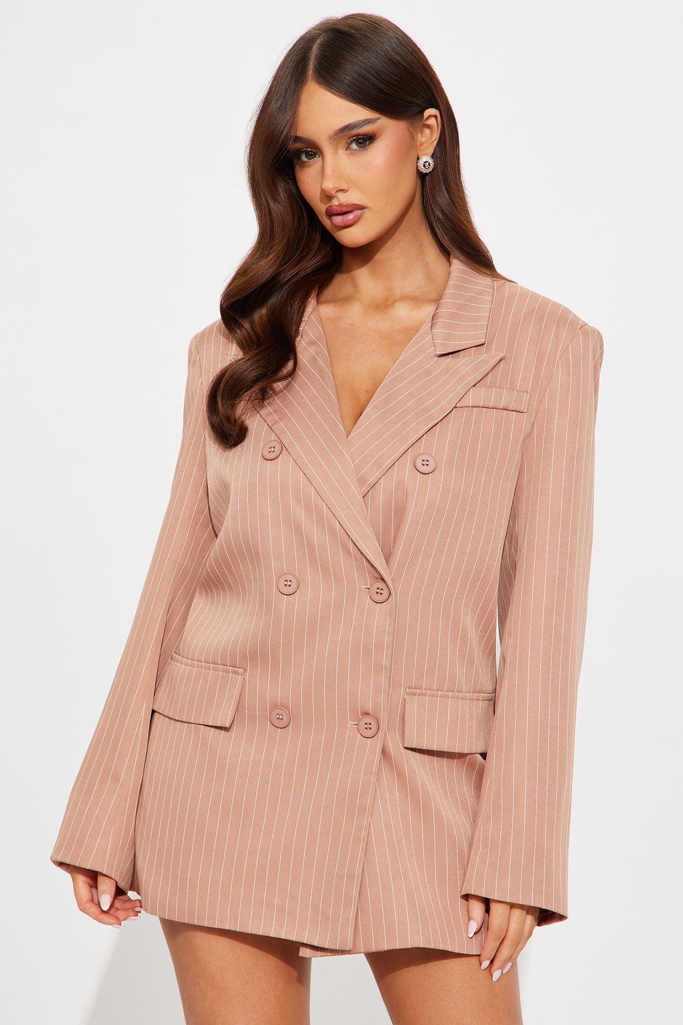 In Session Pinstripe Blazer Skort Set - Brown Product Image