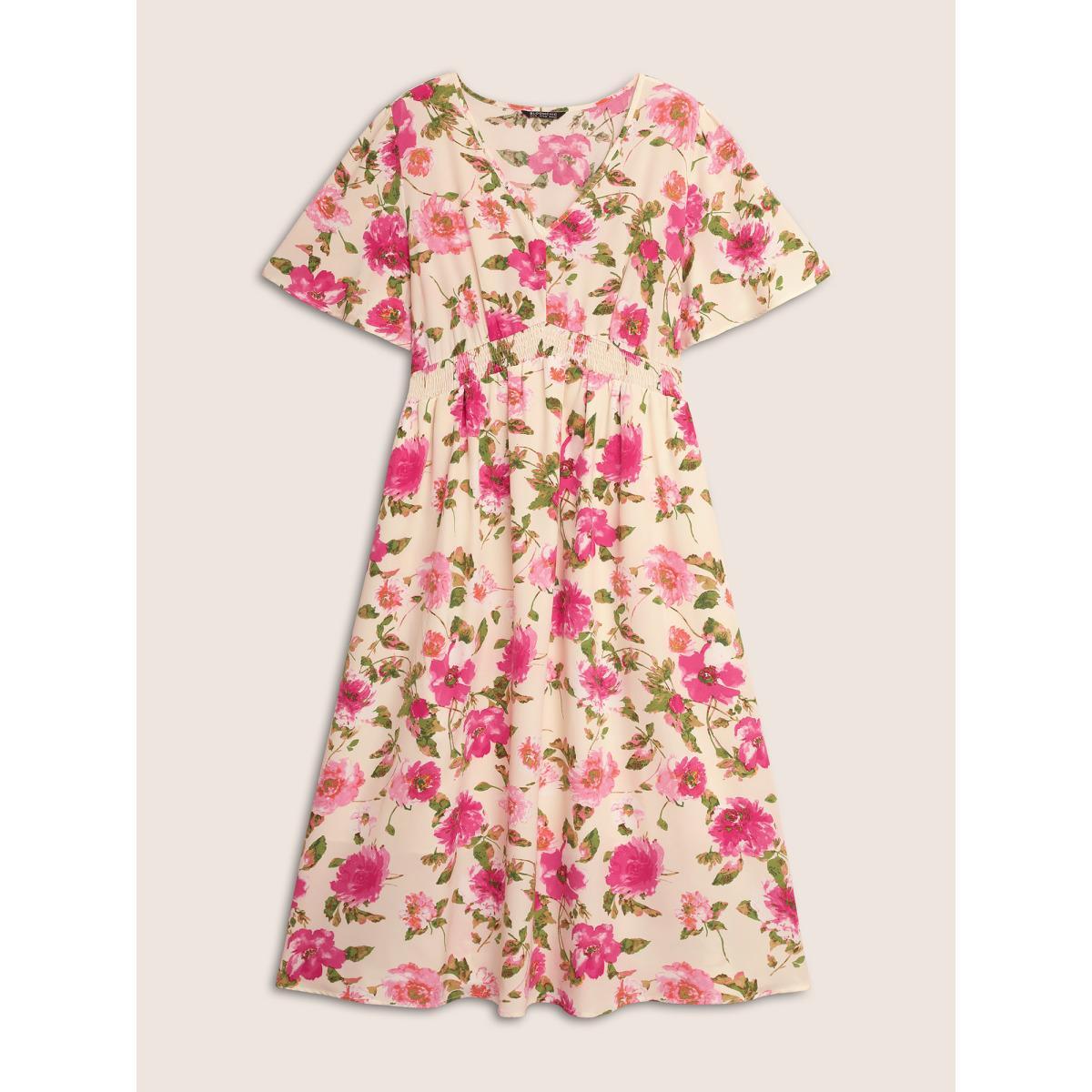 Plus Size V Neck Floral Shirred Flutter Sleeve Dress Ivory Women Elegant Shirred V-neck Short sleeve Curvy BloomChic 14-16/1X Product Image