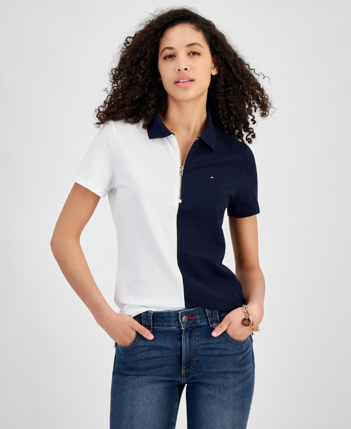Tommy Hilfiger Short Sleeve Color-Block Zip Polo (Bright White/Sky Captain) Women's Clothing Product Image