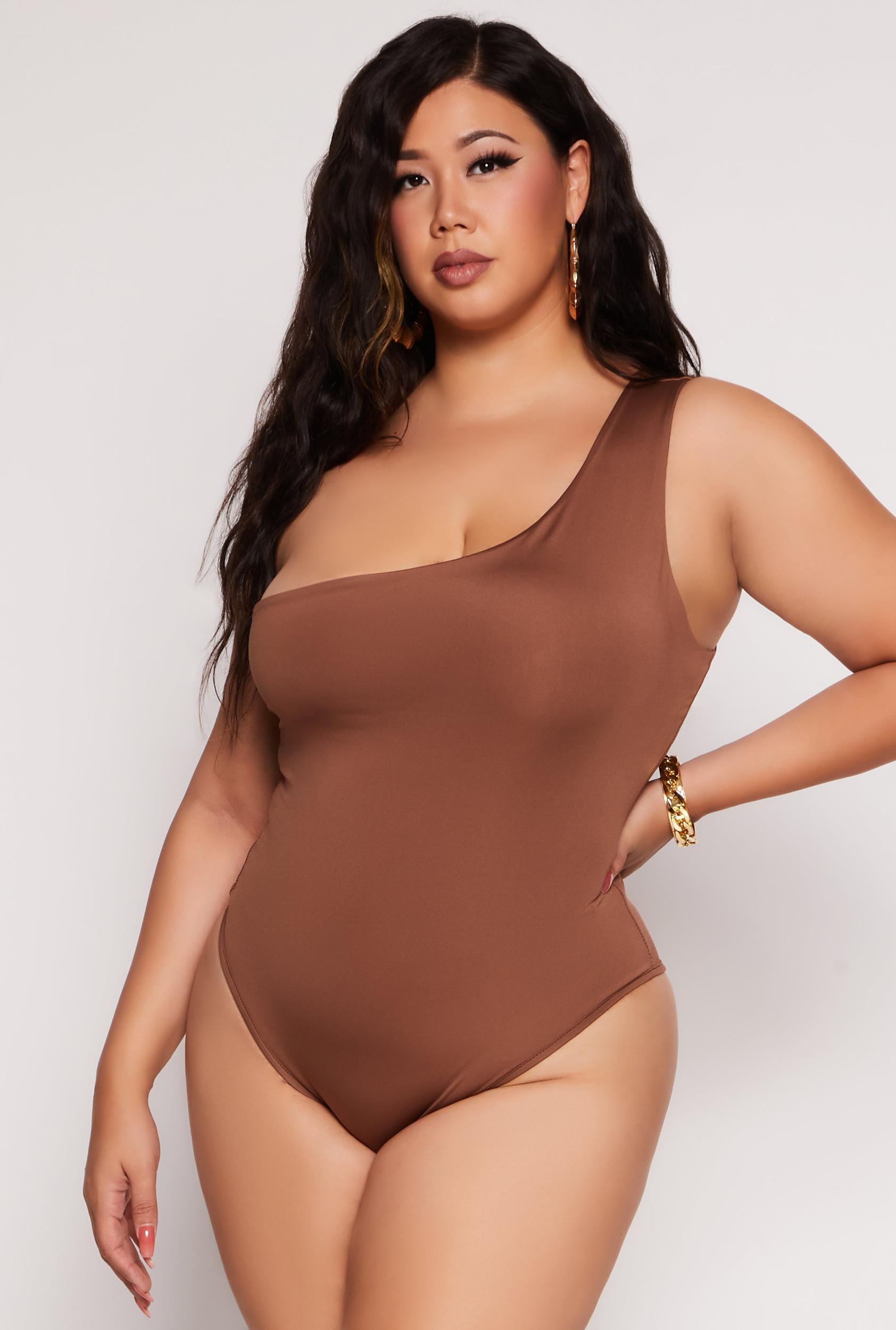 Womens Plus Size Daisy Double Lined One Shoulder Bodysuit Product Image